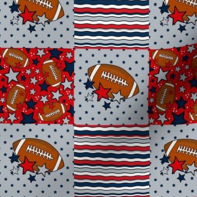 Smaller Patchwork 6" Squares Team Spirit Footballs and Stars in New England Patriots Colors Red Navy Silver