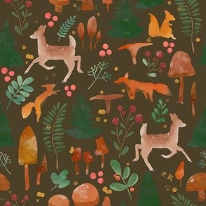 Wild Woodland Winter Fawns and Foxes brown 8x8 large
