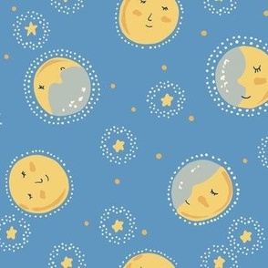 Small - Medium - Moon and Stars - Celestial - Baby Nursery - Night Sky Blue and Yellow Gold