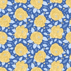 Bashful Rosy Peonies Yellow and Blue Pattern
