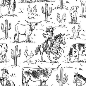 vintage western cowgirl toile western toile black on white WB23