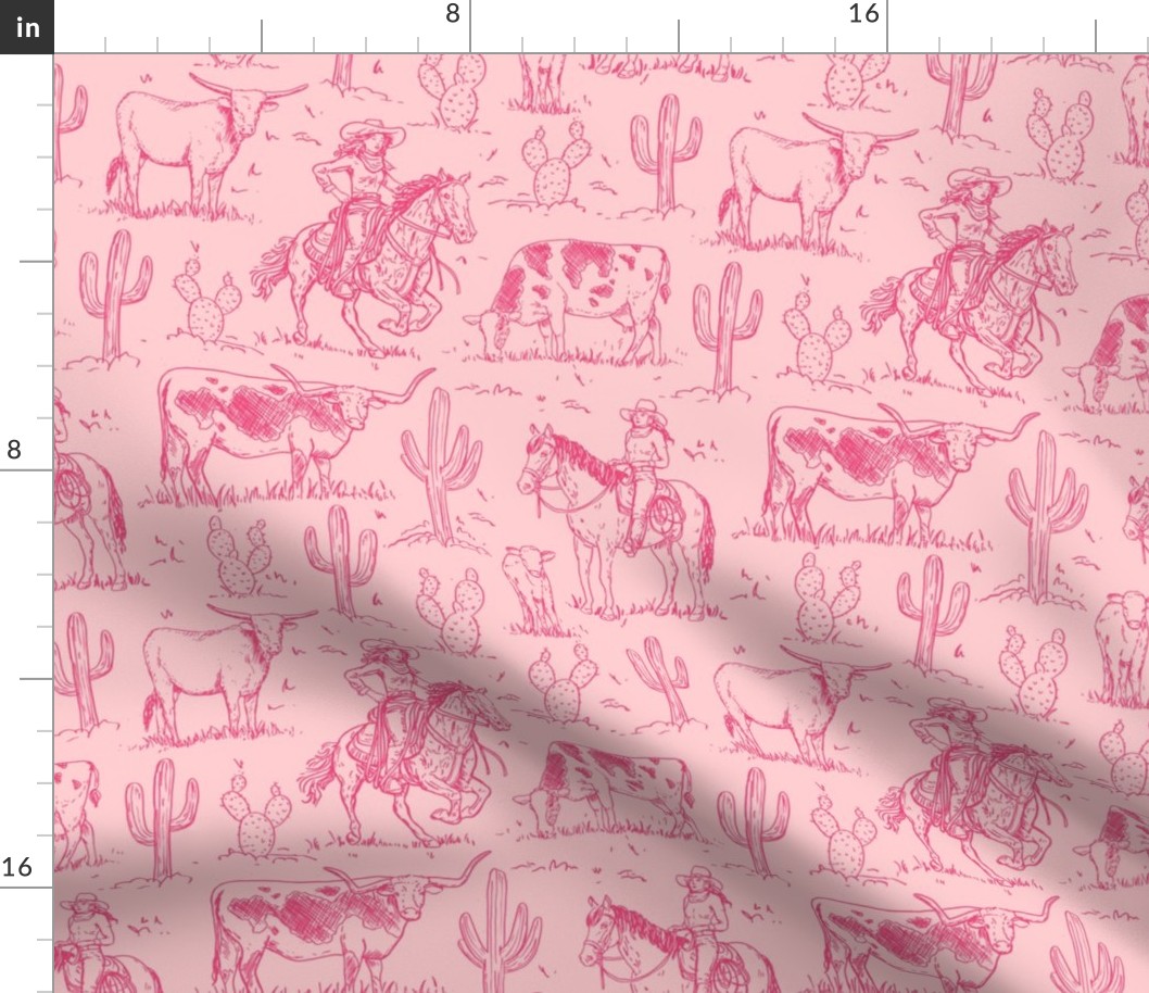 vintage western cowgirl toile western toile hot pink on light pink WB23