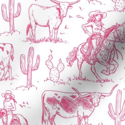 vintage western cowgirl toile western hot pink on white  WB23
