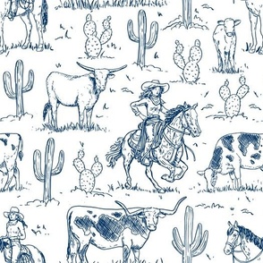vintage western cowgirl toile western navy on white  WB23