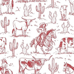 vintage western cowgirl toile western red on white  WB23