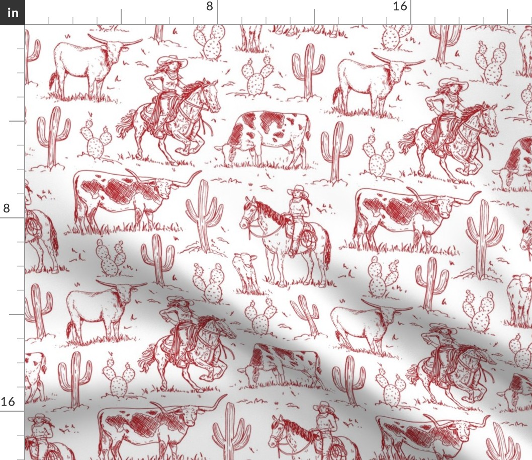vintage western cowgirl toile western red on white  WB23
