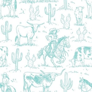 vintage western cowgirl toile western toile turquoise on white WB23