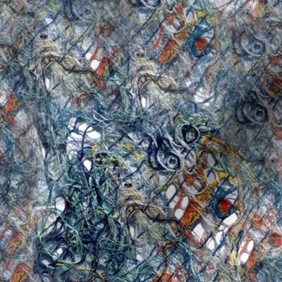 A tangle of leftover embroidery threads, abstract art and textures for textile and fiber art Silver blues, and deep orange
