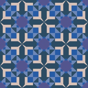 French bathroom tiles cheater quilt (Smaller Blue - 2.5" circle- pattern 3) A tiled geometric patchwork design in various blues and purple. Reminds me of the tiles in a french bathroom I visited.