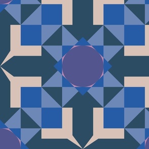 French bathroom tiles cheater quilt (large Blue - 5" circle - pattern 3) A tiled geometric patchwork design in various blues and purple. Reminds me of the tiles in a french bathroom I visited.