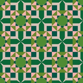 French bathroom tiles cheater quilt (Smaller green - 2.5" circle- pattern 3) A tiled geometric patchwork design in various greens and pink. Reminds me of the tiles in a french bathroom I visited.
