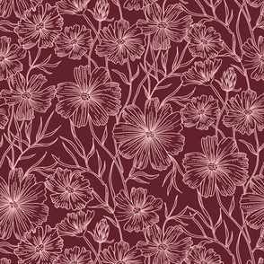Burgundy Floral - Line Drawing - Floral Pattern - Botanical Pattern - Hand Drawn - Wedding - Nursery Pattern - Romantic - Flowers