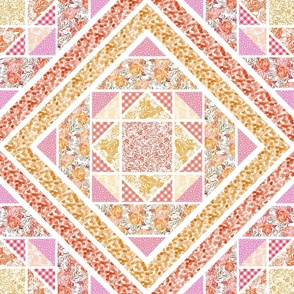 Pattern Patchwork - Country Farmhouse Pattern - Quilt Pattern - Watercolor Pattern - Flowers - Botanical - Vintage Pattern - pink - red - collage