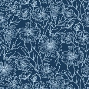 Blue Floral - Line Drawing - Floral Pattern - Botanical Pattern - Hand Drawn - Wedding - Nursery Pattern - Romantic - Flowers