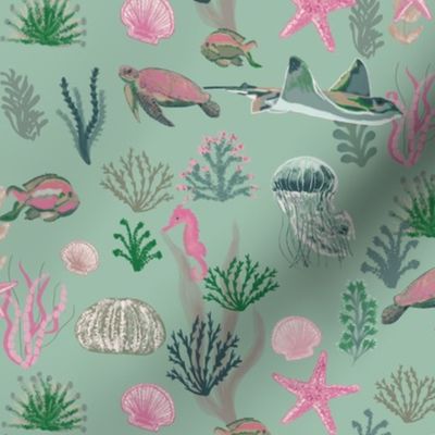 Under the Sea, Pink, Green, Turtle, Starfish, Ocean, Preppy, Girls, Beach, JG_Anchor_Designs, JG Anchor Designs #coastal #beach