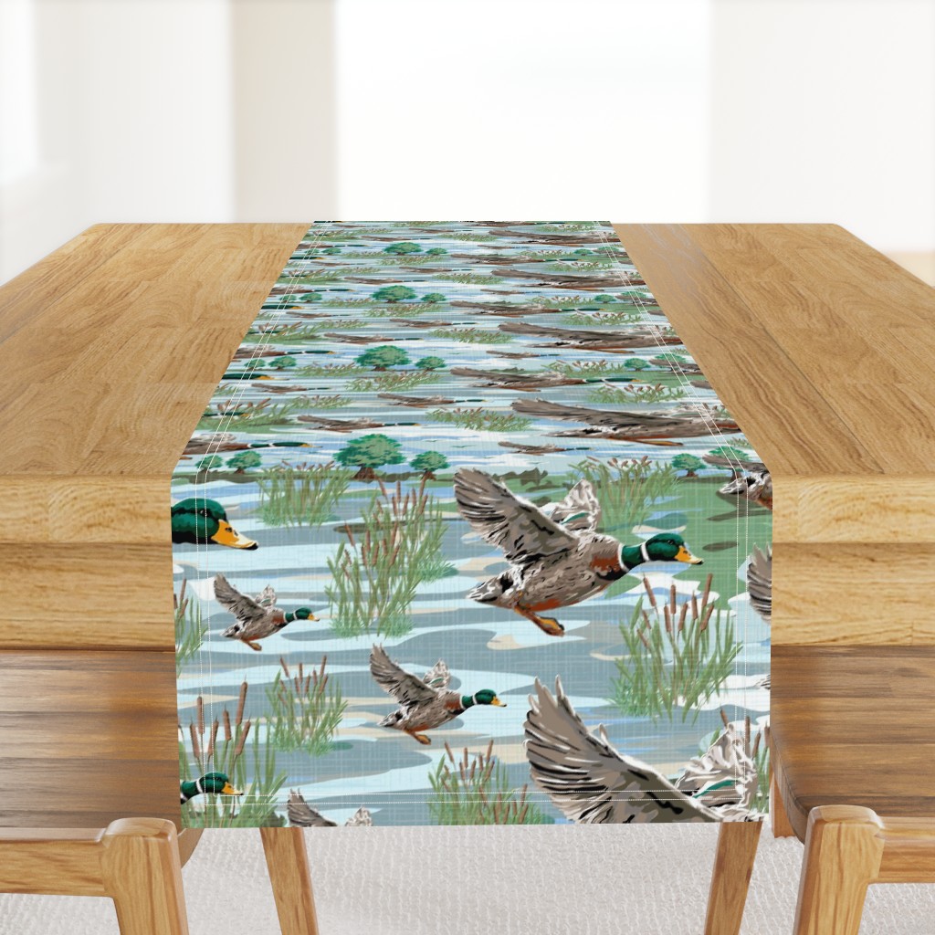 Flying Bird Illustrations, Mallard Birds Migrating Ducks, Lakeside Migration Scene, Emerald Green Bird Feathers, Freshwater Bulrush Riverbed, Realistic Mallard Drakes in Flight, Lush Cattail Forest Habitat, Soaring Birds, Panoramic Lakeside Migration Scen