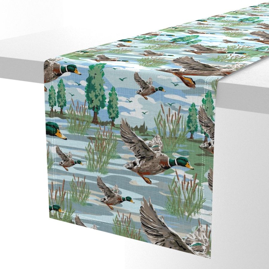 Flying Bird Illustrations, Mallard Birds Migrating Ducks, Lakeside Migration Scene, Emerald Green Bird Feathers, Freshwater Bulrush Riverbed, Realistic Mallard Drakes in Flight, Lush Cattail Forest Habitat, Soaring Birds, Panoramic Lakeside Migration Scen