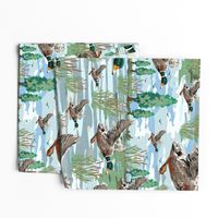 Flying Bird Illustrations, Mallard Birds Migrating Ducks, Lakeside Migration Scene, Emerald Green Bird Feathers, Freshwater Bulrush Riverbed, Realistic Mallard Drakes in Flight, Lush Cattail Forest Habitat, Soaring Birds, Panoramic Lakeside Migration Scen