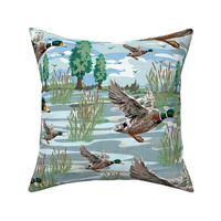 Flying Bird Illustrations, Mallard Birds Migrating Ducks, Lakeside Migration Scene, Emerald Green Bird Feathers, Freshwater Bulrush Riverbed, Medium Scale