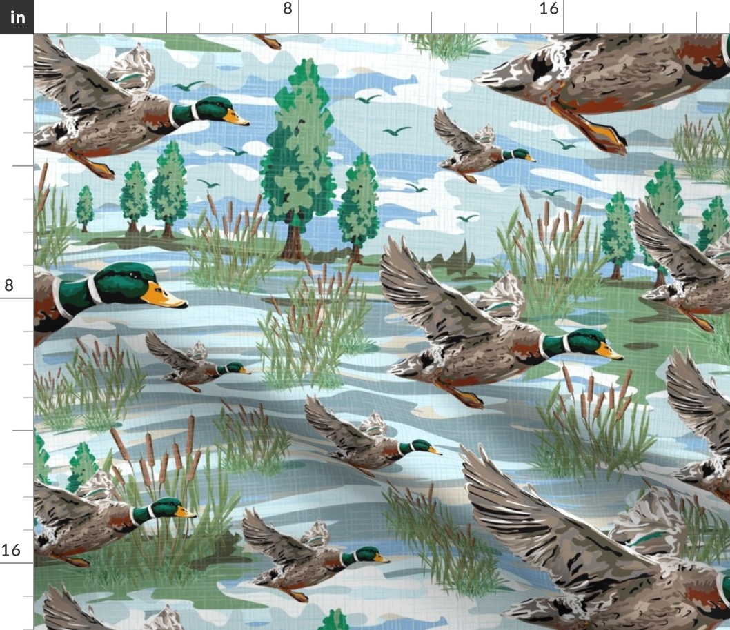 Flying Bird Illustrations, Mallard Birds Migrating Ducks, Lakeside Migration Scene, Emerald Green Bird Feathers, Freshwater Bulrush Riverbed, Medium Scale