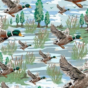 Colorful Flying Mallard Birds Migrating Ducks, Lakeside Migration Scene, Emerald Green Bird Feathers, Freshwater Bulrush Riverbed (Small Scale)