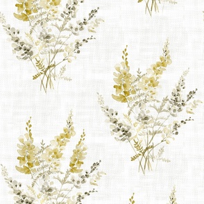 Golden yellow lupine wild flower botanical with linen texture background
