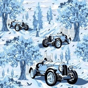 Dads Old Classic Car, Vintage Blue Country Toile de Jouy, Monochromatic Automobile Scene (Small Scale)