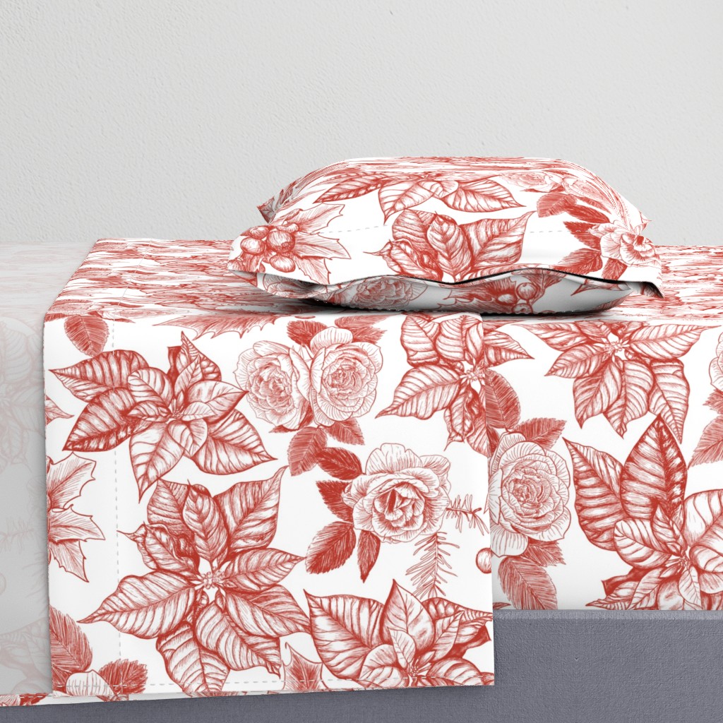 Christmas Florals Toile Red on White