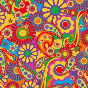 Colorful Hippy Mid Century Modern Psychedelic Floral Rainbow Brights, Retro Color Block Circles & Swirls (Medium Scale)