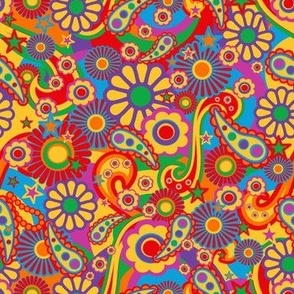 Psychedelic Hippie Trip Floral Rainbow Bright, Mid Century Modern Retro Color Block Circles & Swirls, Seventies Vintage Pattern, Retro Hippy Floral, 1970s Hippy Chic, Colorful Red Yellow Green Blue Rainbow, Bold Happy Retro Flower Power Swirls, Small Scal