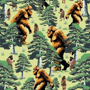 Funny Sasquatch Big Foot amid Cavemen Hunter in Pine Tree Forest, Mythical Cryptid Monster, Wacky Big Foot Pine Tree Forest, Humorous Bigfoot Yeti Monster, Funny Quirky Humorous Giant Monster, Weird Quirky Mythical Creature, Amusing Funny Sasquatch
