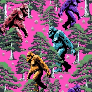 Colorful Hot Pink Sasquatch Forest, Mythical Cryptid Bigfoot in Pine Tree  Forest, Yeti Monster, Young Explorers with Bigfoot, Sasquatch Nature Quest Camp, Yeti Wilderness Expeditions, Outdoor Bigfoot Discovery Trails, Sasquatch Safari Escapades, Large