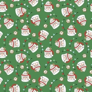 Santa Pup Cup Dog Christmas Fabric - Dark Green, Small Scale