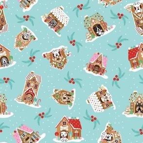 Tossed Gingerbread Doghouses - Turquoise Blue, Medium Scale
