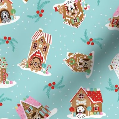 Tossed Gingerbread Doghouses - Turquoise Blue, Large Scale