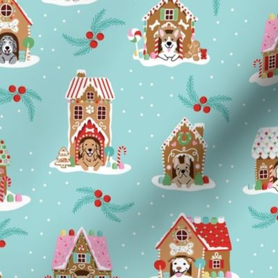 Gingerbread Doghouses - Turquoise Blue, Large Scale