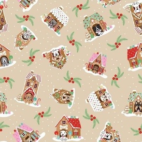 Tossed Gingerbread Doghouses - Beige, Medium Scale