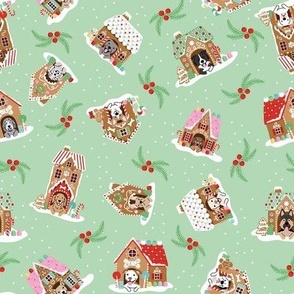 Tossed Gingerbread Doghouses - Mint Green, Medium Scale
