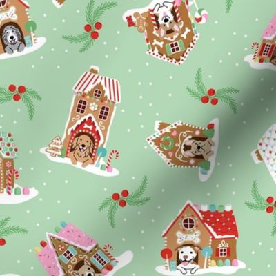 Tossed Gingerbread Doghouses - Mint Green, Large Scale