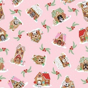 Tossed Gingerbread Doghouses - Pink, Medium Scale