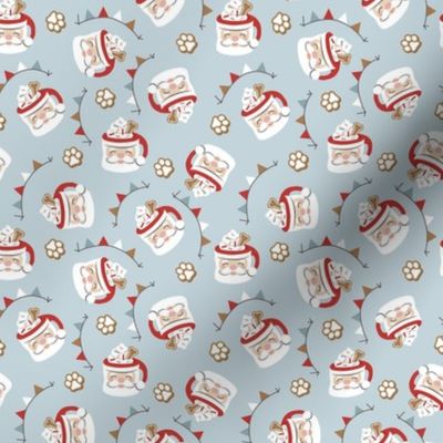 Santa Pup Cup Dog Christmas Fabric - Dusty Light Blue, Small Scale