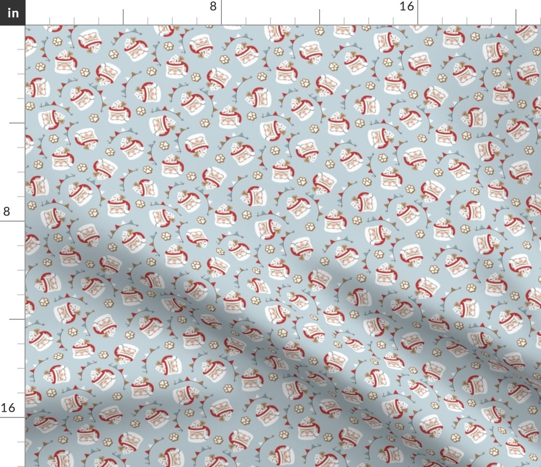 Santa Pup Cup Dog Christmas Fabric - Dusty Light Blue, Small Scale