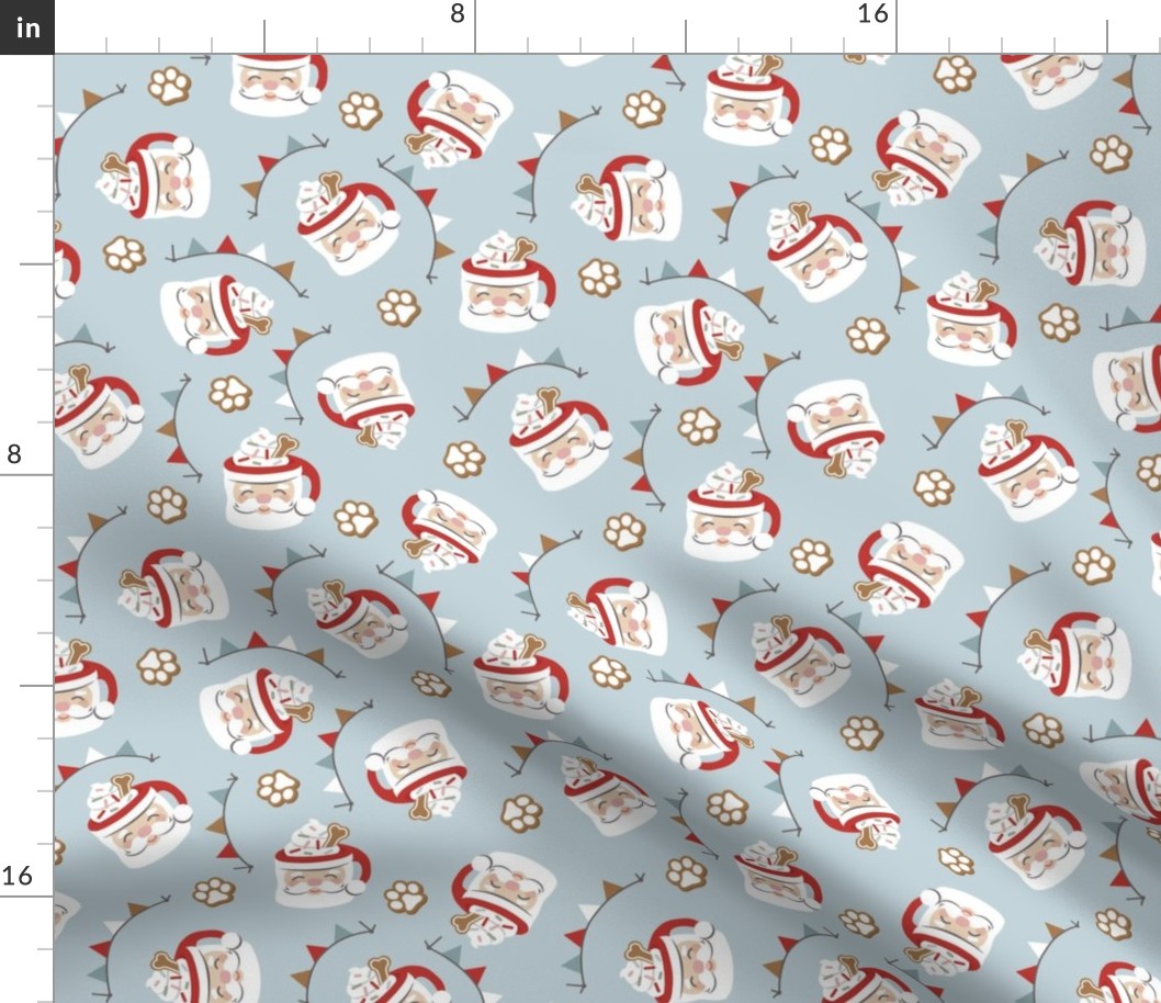 Santa Pup Cup Dog Christmas Fabric - Dusty Light Blue, Medium Scale