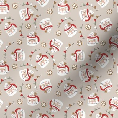 Santa Pup Cup Dog Christmas Fabric - Greige, Small Scale