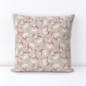 Santa Pup Cup Dog Christmas Fabric - Greige, Medium Scale