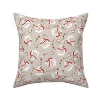 Santa Pup Cup Dog Christmas Fabric - Greige, Medium Scale