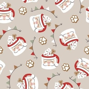 Santa Pup Cup Dog Christmas Fabric - Greige, Medium Scale