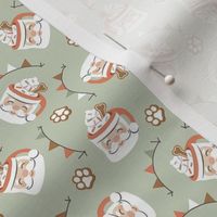 Santa Pup Cup Dog Christmas Fabric - Sage Green, Small Scale