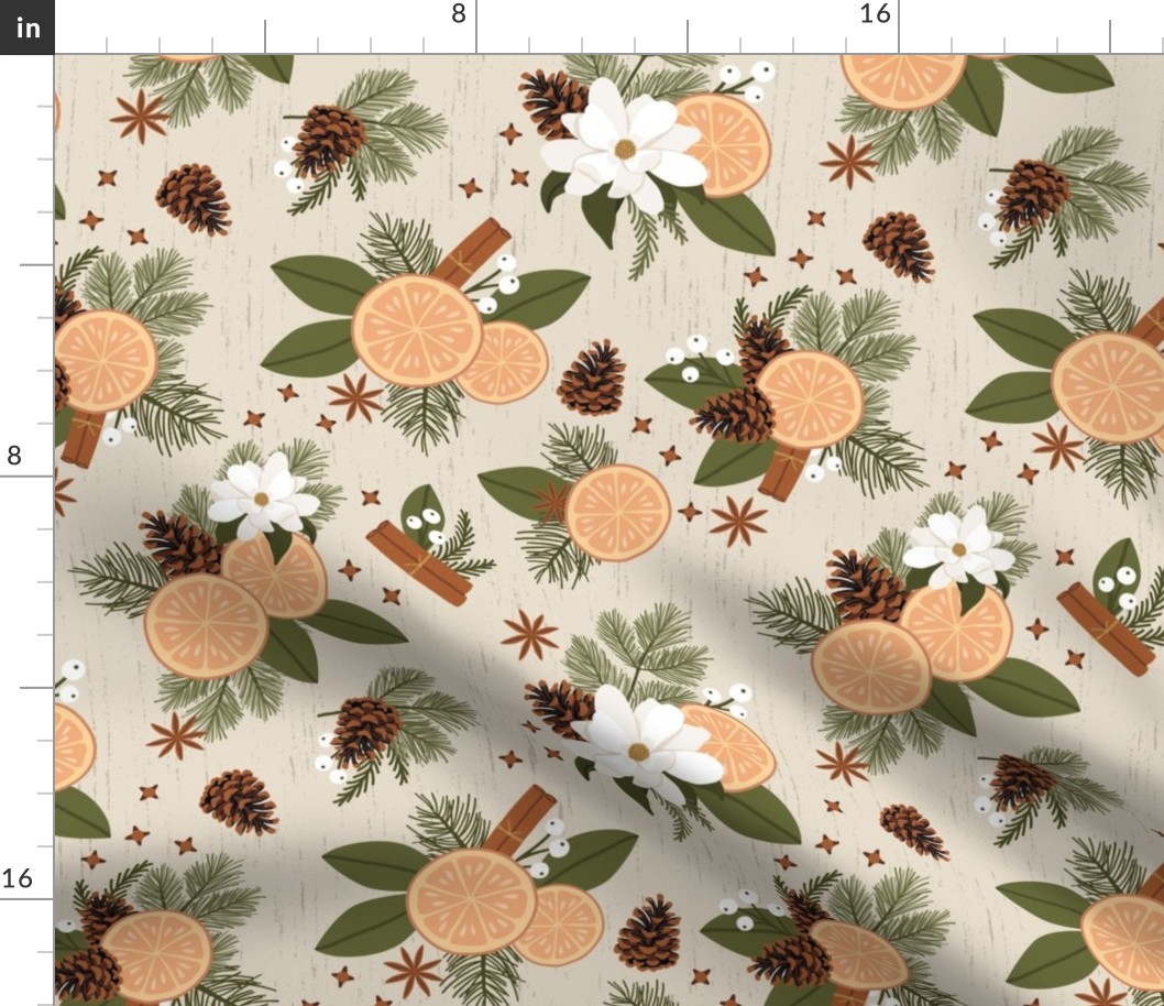 Winter Citrus Floral - Beige, Large Scale