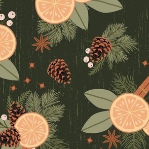 Winter Citrus Floral - Dark Green, Large Scale